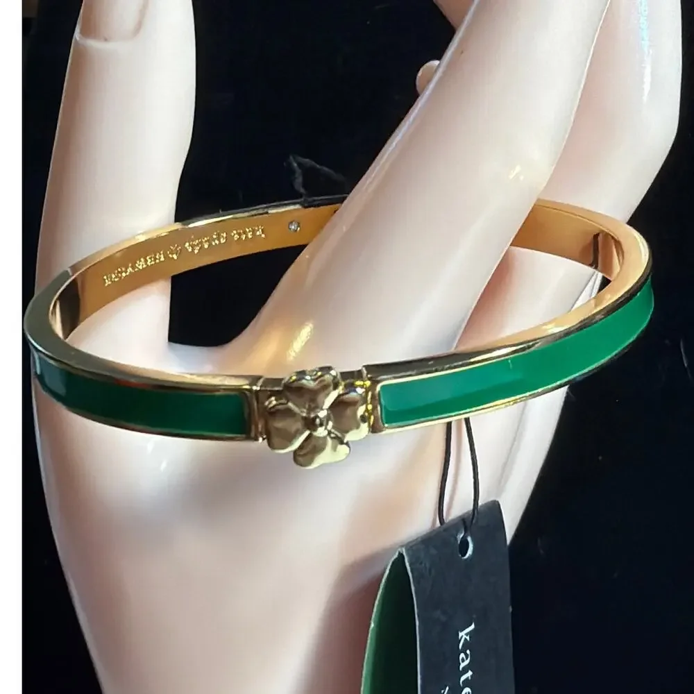Kate Spade Glover Green & Gold Hinged Bangle Bracelet Classic Stacking Jewelry